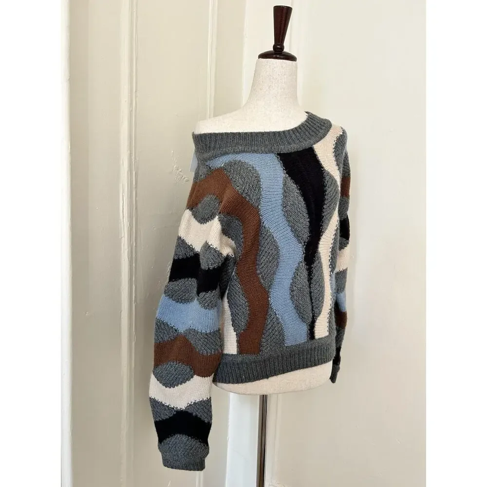 DELUC Women Wavy Abstract Colorblock Chunky Knit Crewneck Sweater‎ Grey Blue XS